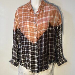 Angie SZ S Brown Plaid button front soft Distressed Western Ranch Rodeo